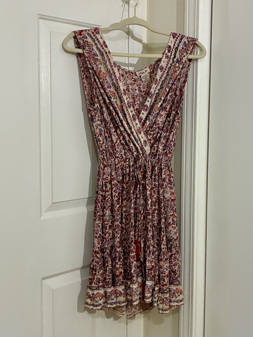 Sleeveless Cream Midi Dress with Red & Purple Floral Print